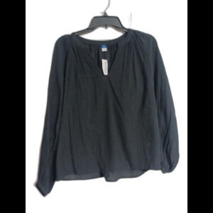 NWT Women's Old Navy Split Neck Crinkle Gauze Top Size XS Black Semi Sheer N6